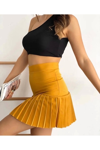 Altı Pliseli Mini Etek Hardal S24705 Hardal