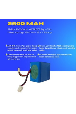 Philips 7000 Serisi Xw7110/01 Aqua Trio Dikey Süpürge 2500 Mah 25.2 V Batarya Uyumlu Uzun Ömürlü, Maksimum Performans Pil