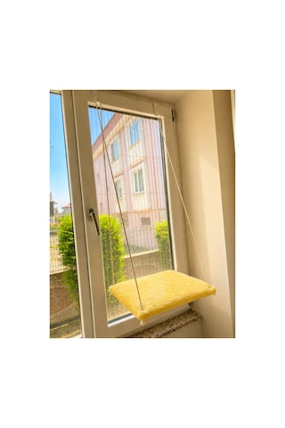 Askılı Kedi Pencere Yatağı - Peluş Kumaşlı Cam Önü Kedi Hamak Yatağı Sarı