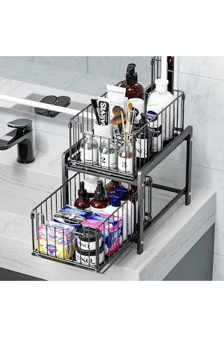 Çok Amaçlı 2 Raflı Raylı Sepet Düzenleyici Banyo Mutfak Lavabo Altı Dolap İçi Tezgah Üstü Organizer Siyah