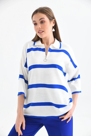 Polo Yaka Fermuarlı Çizgili Salaş Mevsimlik Trko Kazak Saks Saks Mavisi