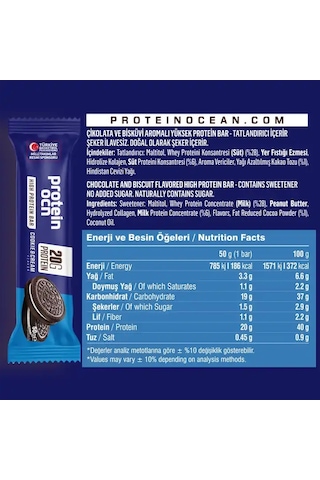 Proteinocean Kakaolu Bisküvi Ve Krema Aromalı Yüksek Protein Bar 50 G 2 Adet