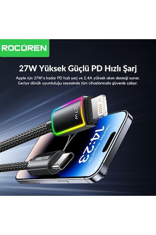Rocoren 27w Type-c To Lightning Rgb Aydınlatmalı Örgülü Şarj Ve Data Kablosu 1 Metre