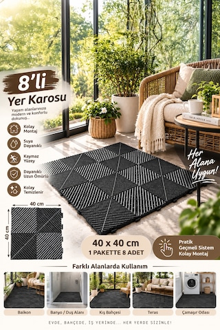 Porsima 0775 Antrasit Geçmeli Plastik Yer Karosu 8'li Set Kaymaz Izgaralı Balkon, Banyo & Teras Zemin Karo 40x40 Cm