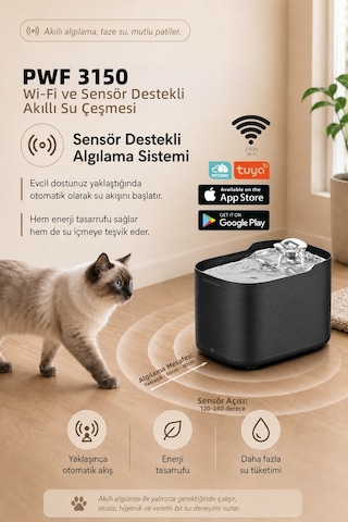 Pwf 3150 Petmate Flowsense Pro - Wi-fi Ve Sensörlü Akıllı Otomatik Kedi Köpek Su Çeşmesi 2,5 L Paslanmaz Çelik - Bpa İçermez - Siyah