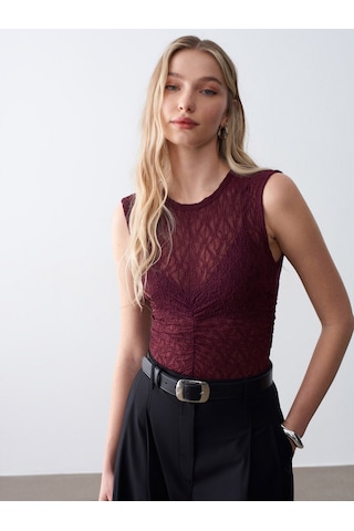 Dilvin 32492 Büzgülü Dantel Top-bordo