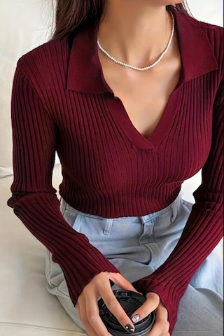 Kadın Fitilli Polo Yaka Triko Kazak Bordo