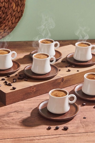 Kahverengi 6 Kişilik Bambu Fincan Takımı 12 Parça Beyaz