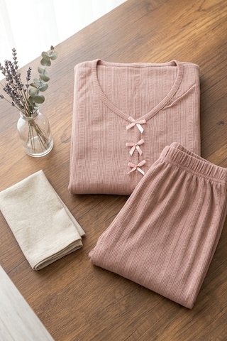 Aura Collections Kadın Bambu Viskon Transfer Ribana Kısa Kollu Düğmeli Pijama Takımı Kahverengi