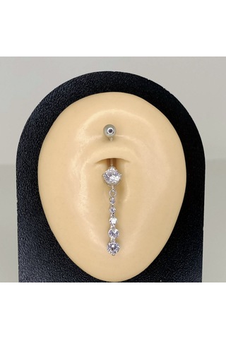 Aya Tasarım Gümüş Renk Dört Taşlı Model Göbek Piercing Gümüş