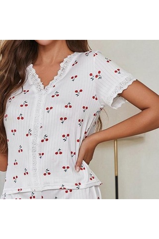 2 Adet/set Pijama Takımı Dantel Eklemeli V Yaka Kısa Kollu Üst Kiraz Baskılı Konfor Ev Giyim Kıyafeti Günlük Üst Şort Pijama Takımı Beyaz
