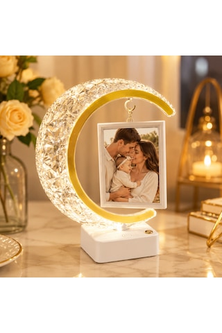 Kişiye Özel Fotoğraflı Kristal Hilal Led Masa Lambası Altın