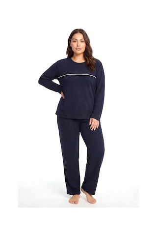 Najmaddin.com Beru Kadın Büyük Beden Lacivert Uzun Kollu Pijama Takımı Şerit Detaylı Rahat Ev Giyim Seti