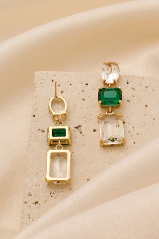 Oval Ve Baget Kristal Taşlı Altın Kaplama Küpe Beyaz