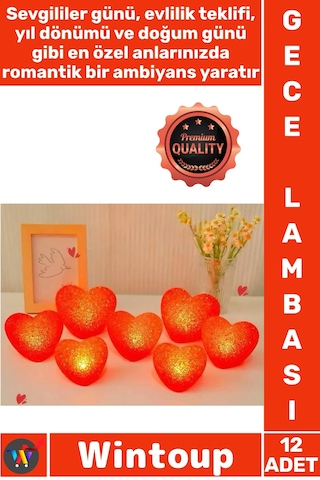 Led Dekoratif Romantik Pilli 8 Cm Mini Gece Aydınlatma Led Işıklı Kırmızı Kalp Gece Lambası 12'li Çok Renkli