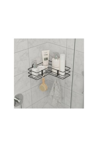 Yapışkanlı Banyo Köşeliği Köşe Rafı Duş Şampuanlık Duvar Düzenleyici Organizer Raf Siyah Metal Açık Ceviz