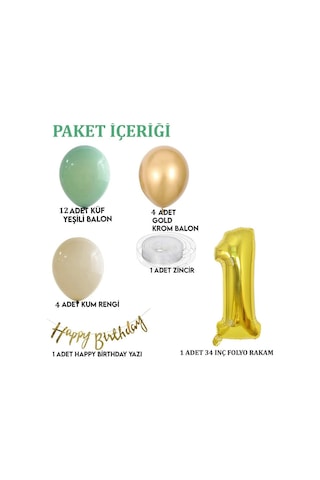 1 Yaş Küf Yeşili Deniz Kumu Ve Krom Gold Balonlu Konsept Doğum Günü Seti