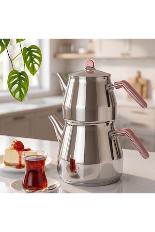 Porsima 1027-1 Prizma Bakalit Metal Kulp Mega Boy Paslanmaz Çelik Çaydanlık Takımı Rose - 2,20-4 Lt