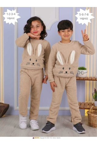 Aden Kids Kahverengi Tavşan Desenli Peluş Çocuk Alt-üst Takım