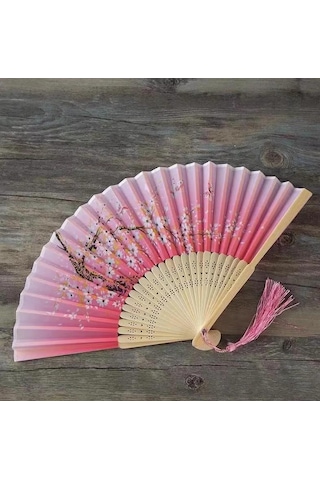 Beluga Yelpaze Bambu Kumaş Serinletici Vintage Pembe Bahar Dalı Şık Dekorasyon Püsküllü Japon Yelpaze 0426