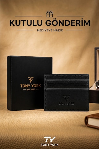 Tony York Orijinal Unisex Süper Slim Özel Kutulu 6 Kredi Kartlı 1 Para Bölmeli İnce Lüks Yumuşak Deri Kartlık siyah
