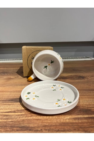 3'lü Papatya Desenli Tab Seramik Kupa, Mug, Türk Kahve, Filtre