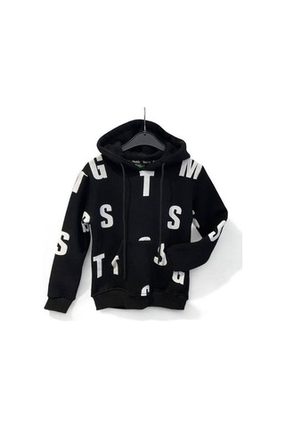 Çocuk Harf Baskılı Şardonlu Kapuşonlu Sweatshirt-15195 Siyah