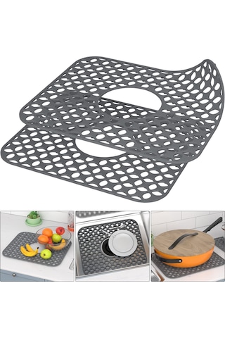 Ximistore9 2 Adet Silikon Lavabo Koruyucu: Kaymazsız Isı Dayanıklı, Çelik/seramik Lavabolar İçin Katlanabilir Süzgeç Matı Gri