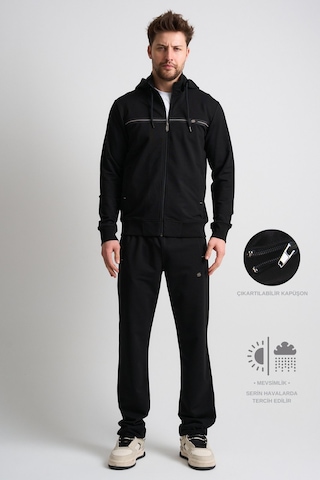 Shooter Sportswear Klasik Antrasit Erkek Eşofman Takımı Çıkartılabilir Kapüşonlu Rahat Kalıp Siyah