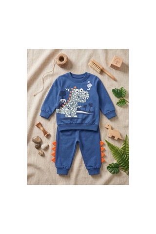 Deniva Kids Erkek Çocuk Pamuklu Dinozor Baskılı Ve 3d Sırt Detaylı 2'li Sweatshirt Eşofman Alt Üst Takım İndigo