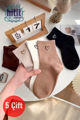 Hitit Socks Kadın 5 Çift Premium Kalite Mini Kalp Desenli Günlük Kullanım Sevimli Kolej Çorabı Çok Renkli