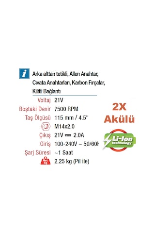 Vıdo Wd040520210 Profesyonel 115 MM Akülü Kömürsüz Motor 21 Volt Lion Avuç Taşlama Makinesi