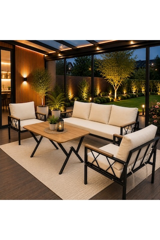Miray 311 Masalı Balkon Bahçe Oturma Grubu Minderli Metal Bahçe Mobilyası Takımı Krem