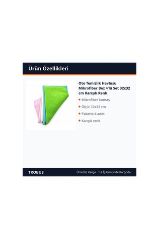 Trobus Oto Temizlik Havlusu Mikrofiber Bez 4'lü Set 32x32 Cm Karışık Renk