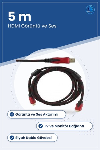 Hdmı Kablo 5 M Görüntü Ve Ses Kablosu Siyah Kırmızı Uçlu Tv Monit