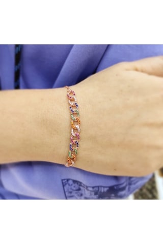 Oriental Kuyumculuk Jewellery Örgü Rose Renkli Taşlı Gümüş Bileklik Pembe
