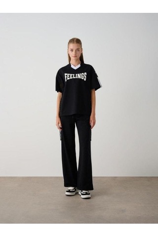 Zekids Kız Çocuk Feelings Baskılı Tshirt Pantolon Tasarım Takım-15516 Siyah