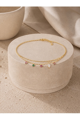 Valmont Accessories Kadın Gold Renk Renkli Taş Ve Yaprak Detaylı Çift Zincir Halhal