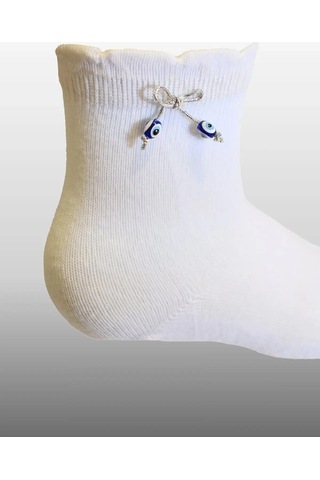 Kız Çocuk Nazar Boncuklu Mevsimlik Beyaz Renkli Soket Çorap 2'li Set Beyaz