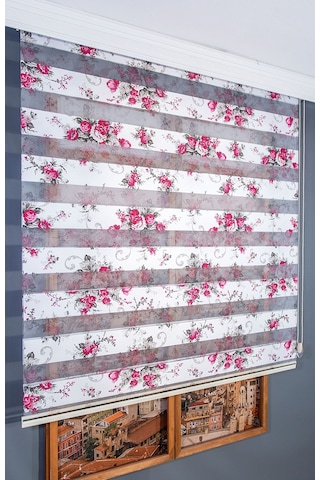 Çiçek Baskılı Zebra Perde Pembe