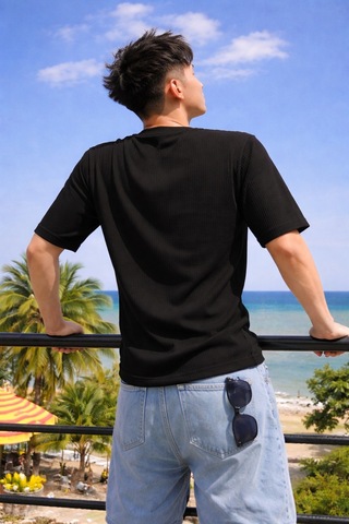 Tarz Cool Erkek Jakarlı Oversize Tişört Bisiklet Yaka Rahat Kalıp Yazlık Basic T-shirt Siyah