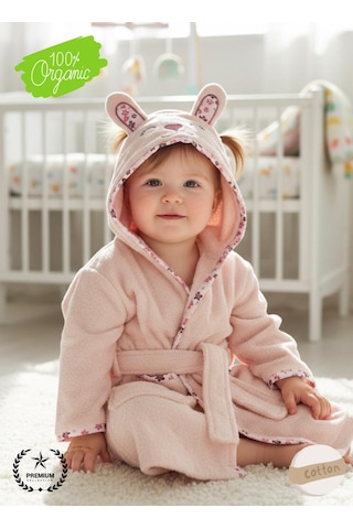 Bebek Bornoz Kapişonlu & Bebek Havlu Set %100 Organic Pamuk Yumuşacık Nakış Desenli 0 - 24 Ay
