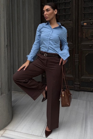 Madmext Kahverengi Çizgili Geniş Paça Normal Bel Kemerli Pantolon Mg2735 Kahverengi