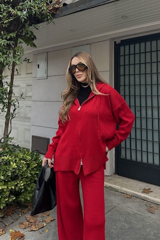 Kırmızı Fermuarlı Kapüşonlu Triko Takım - 0511 Kırmızı