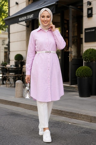 Hb Harma Time Butik Kadın Çizgi Desenli Kemerli Keten Pembe Gömlek