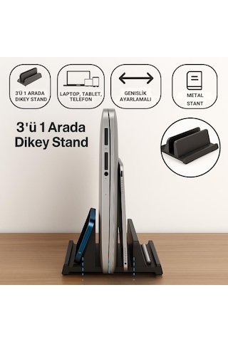 Coofbe 3 Bölmeli Metal Genişlik Ayarlamalı Masaüstü Dikey Apple Uyumlu MacBook Laptop Notebook Standı Telefon Tablet Standı Siyah