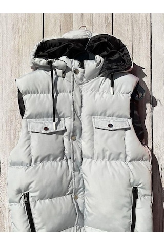 Çocuk Kapüşonlu Cep Detaylı Şişme Kalın Yelek-15008 Gri