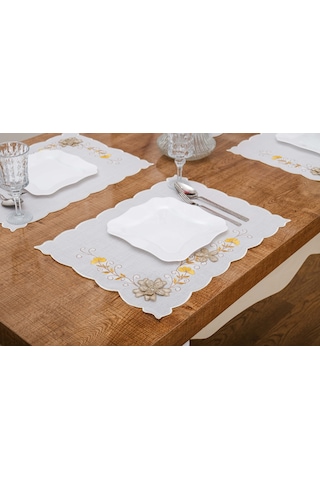 Finezza Linda Nakışlı Keten Efekt Kumaş Krem Sarı A.Servis 33,5x45 cm 4 Ad -1398 Krem