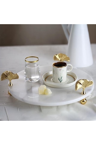 Akayev Mermer Beyaz 30 Cm Altın Ayak Ginkgo Yuvarlak Sunum Tabağı