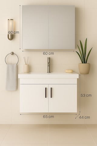 Luna 65 Cm Ahşap Camlı Üst Modül Ve Seramik Lavabolu, Mdf Banyo Dolabı Takımı Beyaz